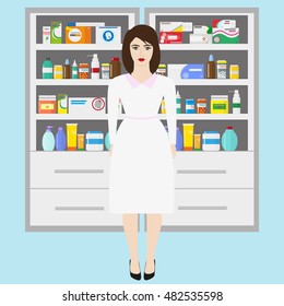 Pharmacy vector infographic elements. Woman pharmacist shows medications on showcase. Pharmacy icons set.