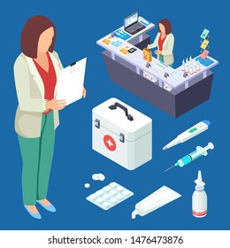 Pharmacy vector isometric set. Pharmacist at work, drugs and first aid kid illustration. Pharmacy isometric, product shop for healthcare