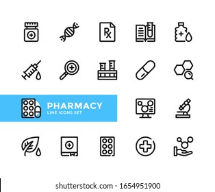 Iconos vectoriales de farmacia. Conjunto simple de símbolos de esquema, elementos de diseño gráfico.