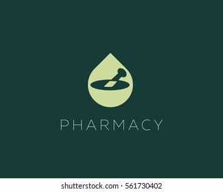 Pharmacy vector logo design. Health care and medical logotype. Mortar and pestle icon symbol