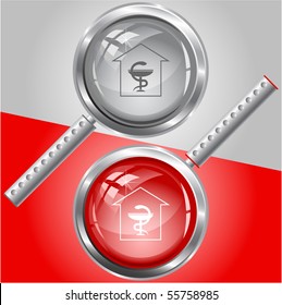 Pharmacy. Vector magnifying glass.