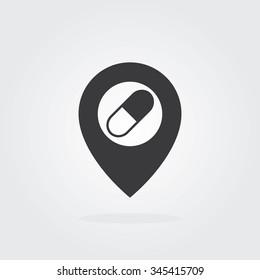Pharmacy vector pin icon flat design. Map Pointer Icon with medicine.
