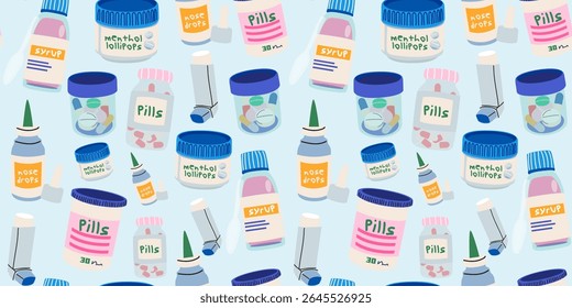 Pharmacy vector seamless pattern. Cartoon groovy background of medicines and pills for illness and colds. Nose drops, cough syrup, inhaler, vitamins, pills. Medical background for textile, print