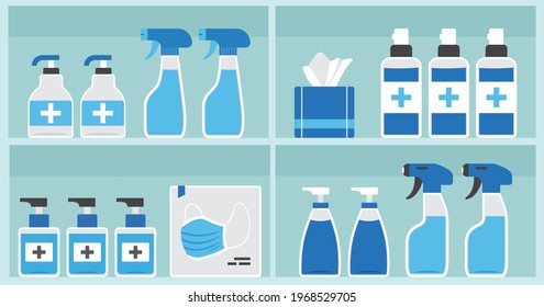 Pharmacy vector shelf, showcase medicine store, medical bottles and containers drug, packaging medication. PPE personal protective equipment. Hygiene. Disinfection illustration