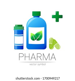 Pharmacy vector symbol with 2 blue pill bottles and cross, capsule tablet for pharmacist, pharma store, doctor and medicine. Modern design logo on white. Pharmaceutical icon logotype . Human health