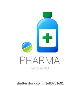 Pharmacy vector symbol of blue bottle with green cross and pill tablet for pharmacist, pharma store, doctor and medicine. Modern design vector logo on white background. Pharmaceutical icon logotype .