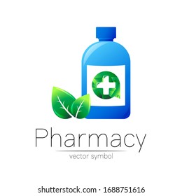 Pharmacy vector symbol with blue bottle and cross in green circle with leaf for pharmacist, pharma store, doctor and medicine. Modern design logo on white background. Pharmaceutical icon logotype.