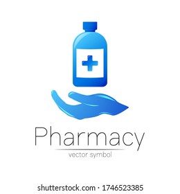 Pharmacy vector symbol with blue bottle and cross with hand for pharmacist, pharma store, doctor and medicine. Modern design vector logo on white background. Pharmaceutical icon logotype .Human Health