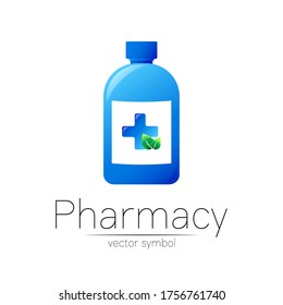 Pharmacy vector symbol with blue bottle and cross, green leaf for pharmacist, pharma store, doctor and medicine. Modern design vector logo on white background. Pharmaceutical icon logotype . Health