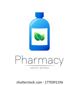 Pharmacy vector symbol with blue bottle and green leaf for pharmacist, pharma store, doctor and medicine. Modern design vector logo on white background. Pharmaceutical icon logotype . Human Health