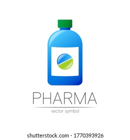 Símbolo vectorial de la farmacia con frasco azul y pastilla verde para farmacéutico, farmacia, farmacia y medicamentos. Logo vectorial de diseño moderno sobre fondo blanco. Lotipo de icono farmacéutico. Salud