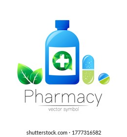 Símbolo vectorial de la farmacia del frasco azul con cápsula y hoja de comprimidos cruzados y píldoras para farmacéutico, farmacia, médico y medicamento. Logo vectorial de diseño moderno sobre fondo blanco. Icono farmacéutico