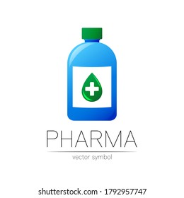 Pharmacy vector symbol with blue bottle and green drop with cross for pharmacist, pharma store, doctor and medicine. Modern design vector logo on white background. Pharmaceutical icon logotype Health
