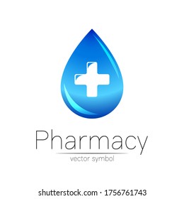 Símbolo vectorial de la farmacia de la gota azul con cruz para farmacéutico, farmacia, farmacia y medicina. Logo vectorial de diseño moderno sobre fondo blanco. Lotipo de icono farmacéutico. Salud Humana