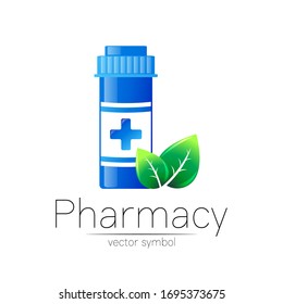 Símbolo vectorial de farmacia con frasco de píldora azul y hoja verde para farmacéutico, farmacia, farmacia, medicinas. Logo vectorial de diseño moderno sobre fondo blanco. Icono farmacéutico logotipo . Salud