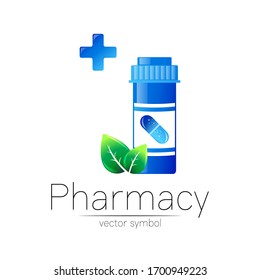 Pharmacy vector symbol with blue pill bottle and green leaf, cross for pharmacist, pharma store, doctor and medicine. Modern design vector logo on white. Pharmaceutical icon logotype . Health