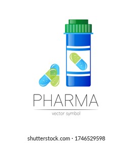 Symbol für Apotheke, Apotheker, Arzt und Medizin mit blauer Tablettenflasche und Kapseltablette. Modernes Design Vektor Logo auf weißem Hintergrund. Symbol für Arzneimittel Gesundheit