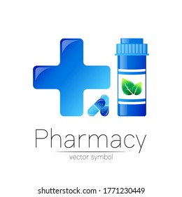 Pharmacy vector symbol with blue pill bottle and big cross for pharmacist, pharma store, doctor and medicine. Modern design vector logo on white background. Pharmaceutical icon logotype . Human Health