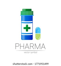 Símbolo vectorial de la farmacia con frasco de píldora azul y comprimido de la cápsula para farmacéutico, farmacia, farmacia y medicamentos. Logo vectorial de diseño moderno en blanco. Lotipo de icono farmacéutico. Salud