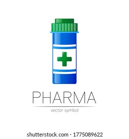 Pharmacy vector symbol with blue pill bottle and green cross for pharmacist, pharma store, doctor and medicine. Modern design vector logo on white background. Pharmaceutical icon logotype . Health