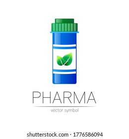 Símbolo vectorial de farmacia con botella de píldora azul y hoja verde para farmacéutico, farmacia, farmacia y medicamentos. Logo vectorial de diseño moderno sobre fondo blanco. 