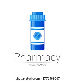 Apotheke, Vektorsymbol mit blauer Tablette für Apotheker, Pharma-Geschäft, Arzt und Medizin. Modernes Design, Vektorlogo auf weißem Hintergrund. Logo des pharmazeutischen Symbols. Gesundheit
