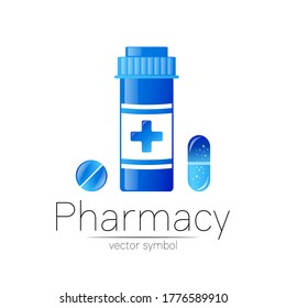 Pharmacy vector symbol with blue pill bottle and tablet for pharmacist, pharma store, doctor and medicine. Modern design vector logo on white background. Pharmaceutical icon logotype . Health