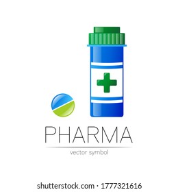 Apotheke, Vektorsymbol mit blauer Tablette für Apotheker, Pharma-Geschäft, Arzt und Medizin. Modernes Design, Vektorlogo auf weißem Hintergrund. Logo des pharmazeutischen Symbols. Gesundheit
