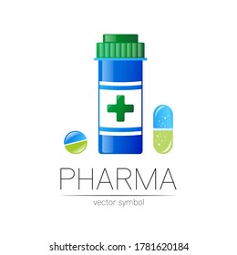 Pharmacy vector symbol with blue pill bottle and tablet for pharmacist, pharma store, doctor and medicine. Modern design vector logo on white. Pharmaceutical icon logotype