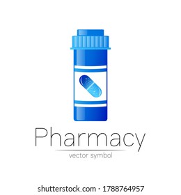 Pharmacy vector symbol with blue pill bottle and capsule tablet for pharmacist, pharma store, doctor and medicine. Modern vector logo on white background. Pharmaceutical icon logotype 