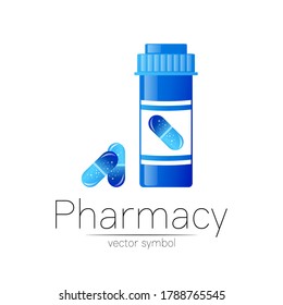 Símbolo vectorial de la farmacia con frasco de píldora azul y comprimido de la cápsula para farmacéutico, farmacia, farmacia y medicamentos. Logo vectorial de diseño moderno sobre fondo blanco.
