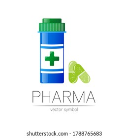 Pharmacy vector symbol with blue pill bottle and green capsule, cross for pharmacist, pharma store, doctor and medicine. Modern design vector logo on white background. Pharmaceutical icon logotype .