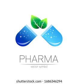 Pharmacy vector symbol with green leaf for pharmacist, pharma store, doctor and medicine. Modern design vector logo on white background. Pharmaceutical blue icon logotype tablet pill capsule. Health
