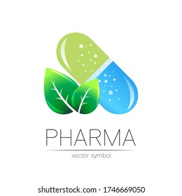 Pharmacy vector symbol with green leaf for pharmacist, pharma store, doctor and medicine. Modern design vector logo on white background. Pharmaceutical blue icon logotype tablet pill capsule. Health