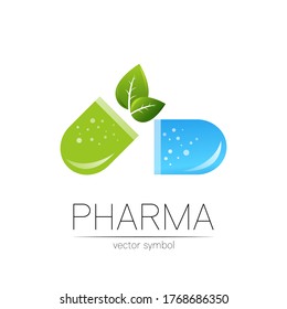 Símbolo vectorial de farmacia con hoja verde para farmacéutico, farmacia, farmacia y medicamentos. Logo vectorial de diseño moderno sobre fondo blanco. Cápsula de la píldora del logotipo del icono azul farmacéutico. Salud