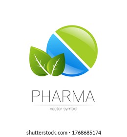 Pharmacy vector symbol with leaf for pharmacist, pharma store, doctor and medicine. Modern design vector logo on white background. Pharmaceutical blue green icon logotype tablet pill . Health