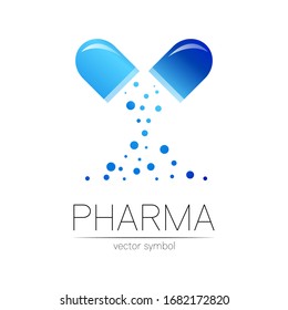 Pharmacy vector symbol for pharmacist, pharma store, doctor and medicine. Modern design vector logo on white background. Pharmaceutical blue icon logotype tablet pill capsule. People health industry