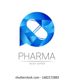 Pharmacy vector symbol for pharmacist, pharma store, doctor and medicine. Modern design vector logo on white background. Pharmaceutical blue icon logotype tablet pill capsule. People health industry
