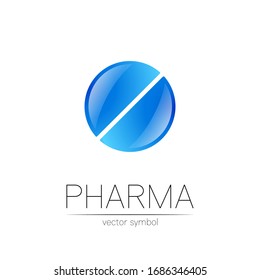 Pharmacy vector symbol for pharmacist, pharma store, doctor and medicine. Modern design vector logo on white background. Pharmaceutical blue icon logotype tablet pill . People health industry