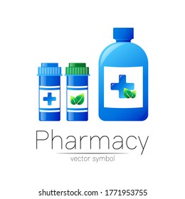 Pharmacy vector symbol with three blue pill bottles and cross, leaf capsule tablet for pharmacist, pharma , doctor and medicine. Modern design logo on white. Pharmaceutical icon logotype 