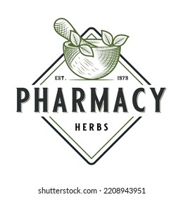 pharmacy vintage logo design. the concept of a mortar and pestle with leaf ornaments, symbols of classic drugstores, herbs, and traditional medicine