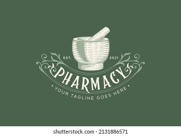 Pharmacy Vintage Logo With Mortar And Pestle Engraving Line Illustration, Mortar And Pestle Logo, Classic Pharmacy Logo With Elegance Ornament Hand Drawn In Dull Green Background, Leaf, Floral