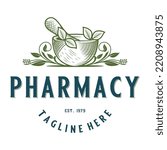 pharmacy vintage vector logo. illustration of herbal leaves of mortar and pestle for pharmacies, medicine and herbal shops.