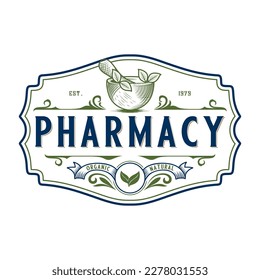 pharmacy vintage vector logo. illustration of herbal leaves of mortar and pestle for pharmacies, medicine and herbal shops.
