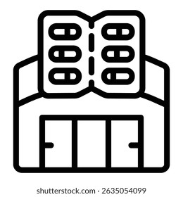 Pharmacy warehouse and capsules pack line icon, pharmacy concept. Vector graphics. Hangar with capsules slab, medicine sign on white background, style mobile or design