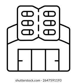 Pharmacy warehouse and capsules pack thin line icon, pharmacy concept. Vector graphics. Hangar with capsules slab, medicine sign on white background, style mobile or design