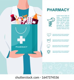 Pharmacy web banner or advert brochure. Medicine pill for disease treatment and prescription form. Medicine and healthcare. Drugstore booklet or flyer. Isolated vector illustration