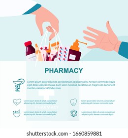 Pharmacy web banner or advert brochure. Medicine pill for disease treatment and prescription form. Medicine and healthcare. Drugstore booklet or flyer. Isolated vector illustration