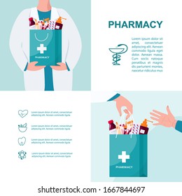 Pharmacy web banner or advert brochure. Medicine pill for disease treatment and prescription form. Medicine and healthcare. Drugstore booklet or flyer. Isolated vector illustration