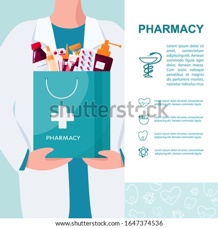 Pharmacy web banner or advert brochure. Medicine pill for disease treatment and prescription form. Medicine and healthcare. Drugstore booklet or flyer. Isolated vector illustration